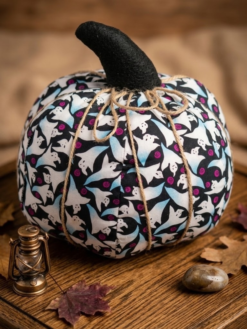 Handmade Ghost Print Plush Pumpkin — Halloween Home Decor